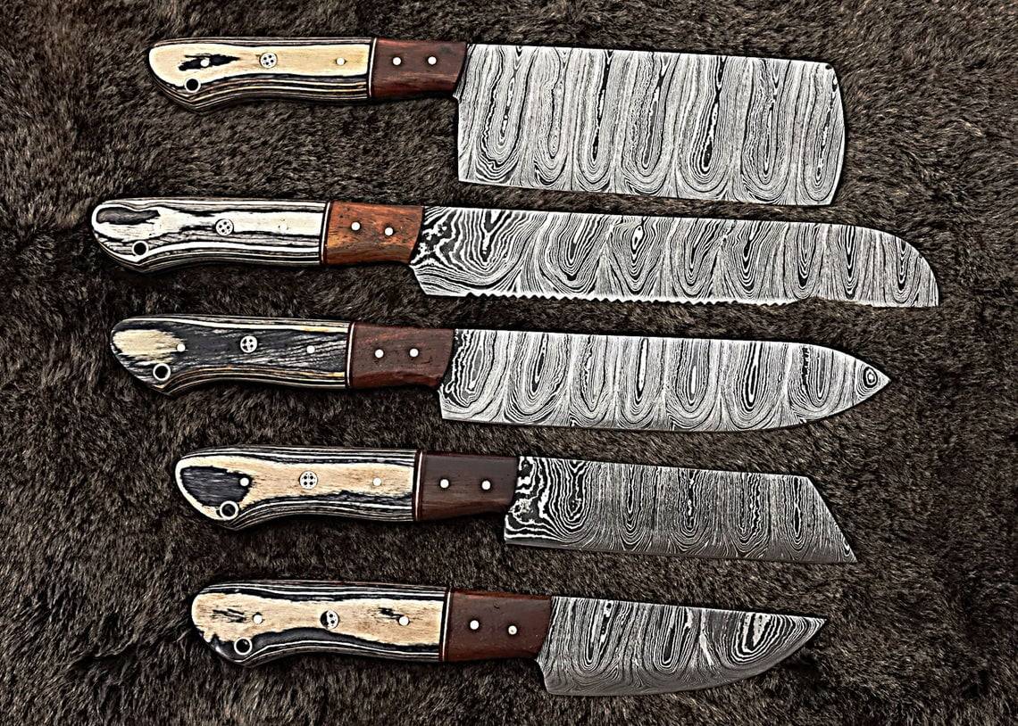 Damascus steel handmade kitchen knives set 5 pcs chef knife set