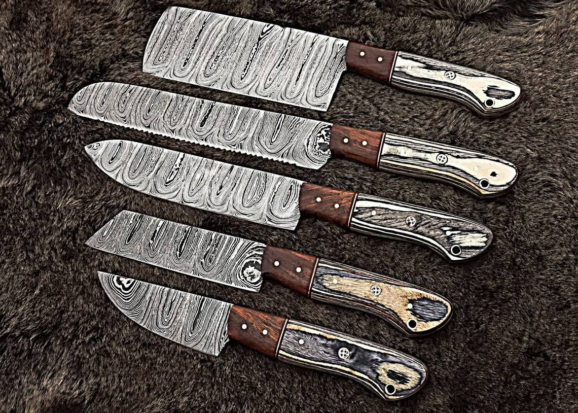 Damascus steel handmade kitchen knives set 5 pcs chef knife set