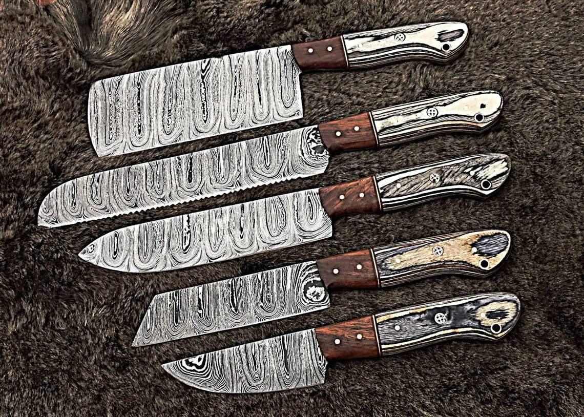 Damascus steel handmade kitchen knives set 5 pcs chef knife set