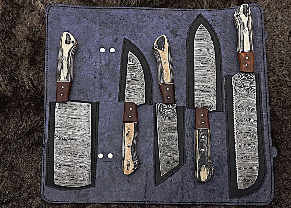 Damascus steel handmade kitchen knives set 5 pcs chef knife set