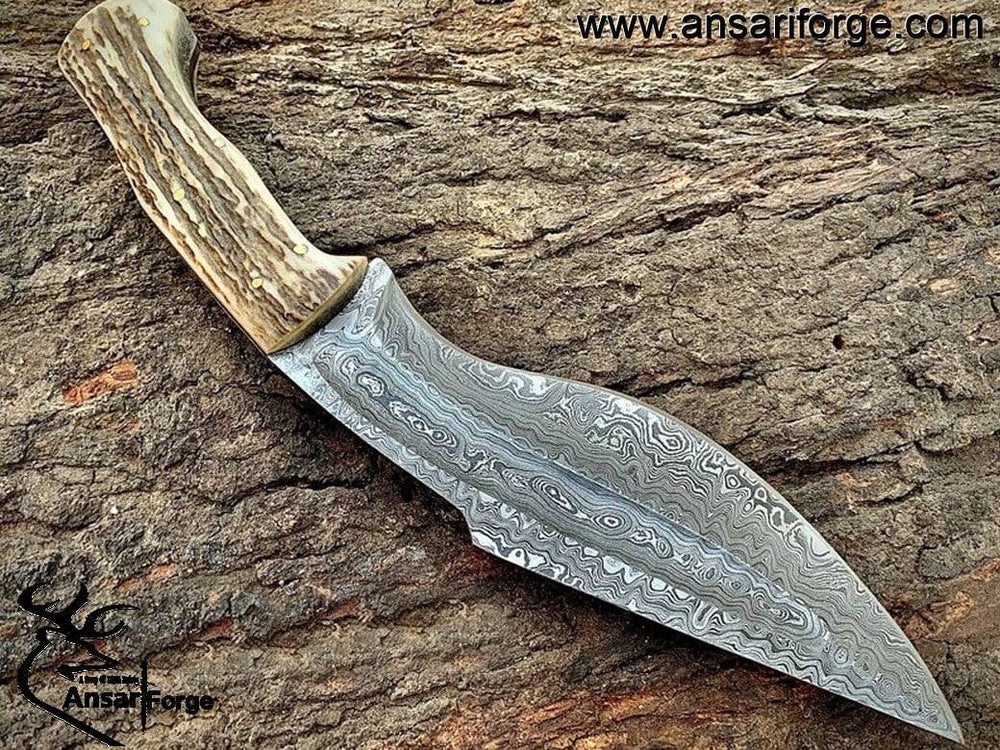 Handmade Damascus Bowie Knife with Buck Antler Handle and Cowhide Leather Sheath.