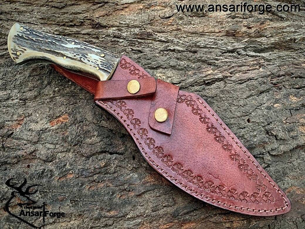 12 inch handmade Damascus Bowie knife with brown cowhide leather sheath.