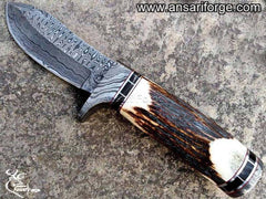 Handmade Damascus steel hunting knife stag handle