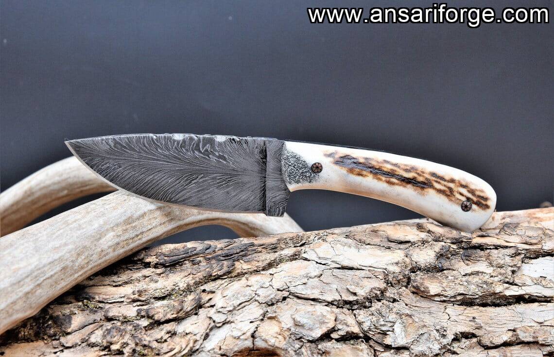 Stag Horn Handle Forged Feather Damascus Hunting Knife With Leather Sheath