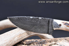 Stag Horn Handle Forged Feather Damascus Hunting Knife With Leather Sheath