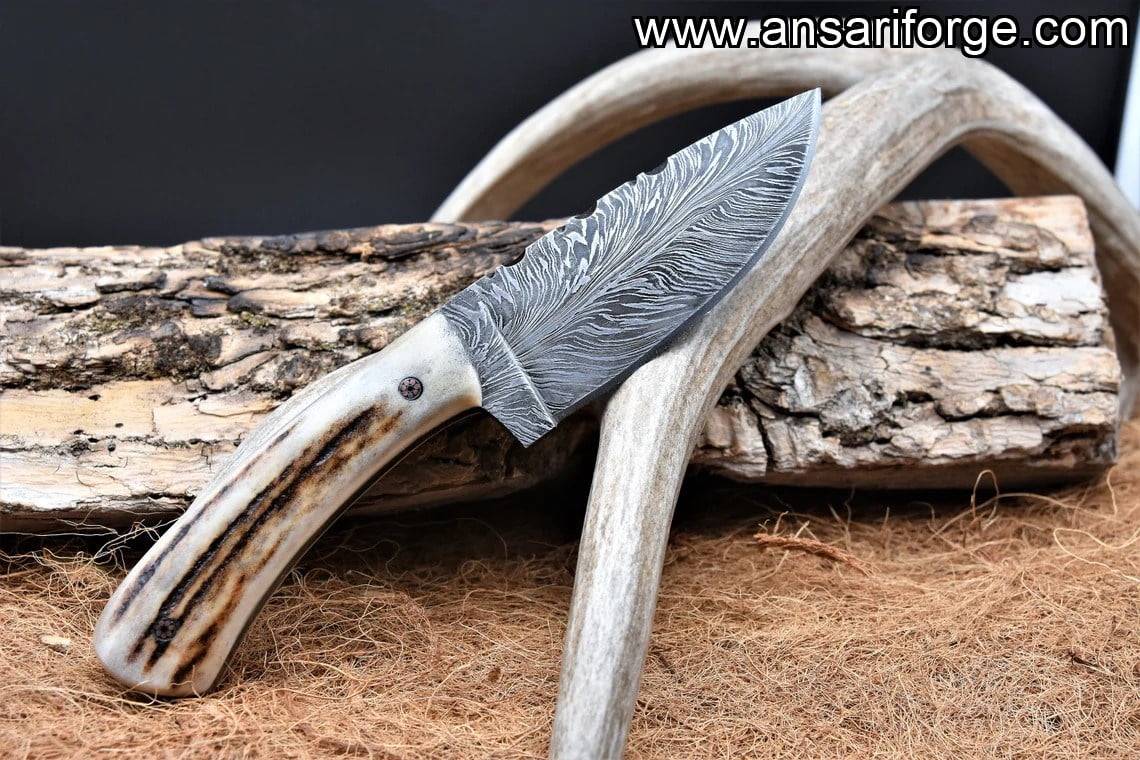 Stag Horn Handle Forged Feather Damascus Hunting Knife With Leather Sheath