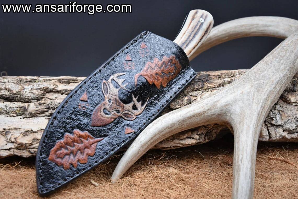 Stag Horn Handle Forged Feather Damascus Hunting Knife With Leather Sheath