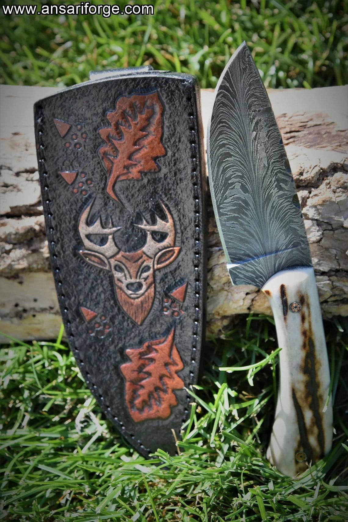 Stag Horn Handle Forged Feather Damascus Hunting Knife With Leather Sheath
