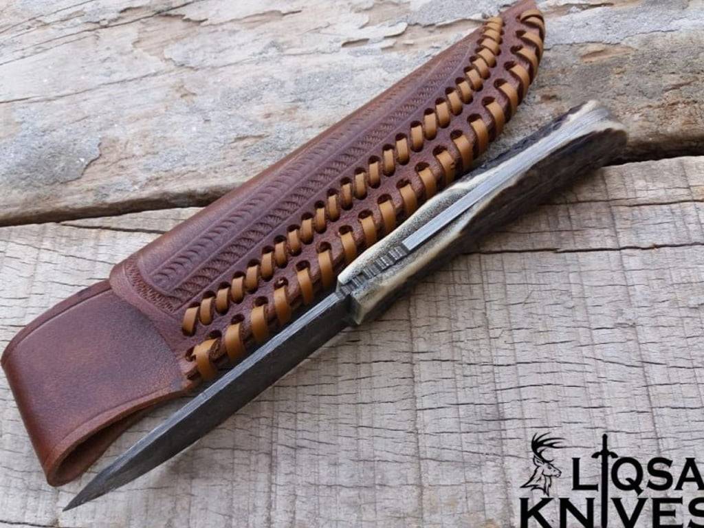 Damascus Full Tang Knife With Stag Antler Handle And Leather Sheath