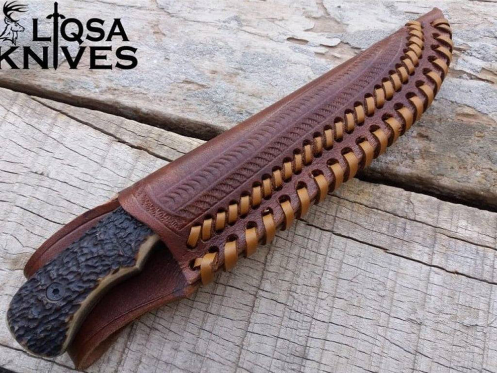 Damascus Steel Fixed Blade Antler Handle Knife Secured In Real Leather Brown Sheath.