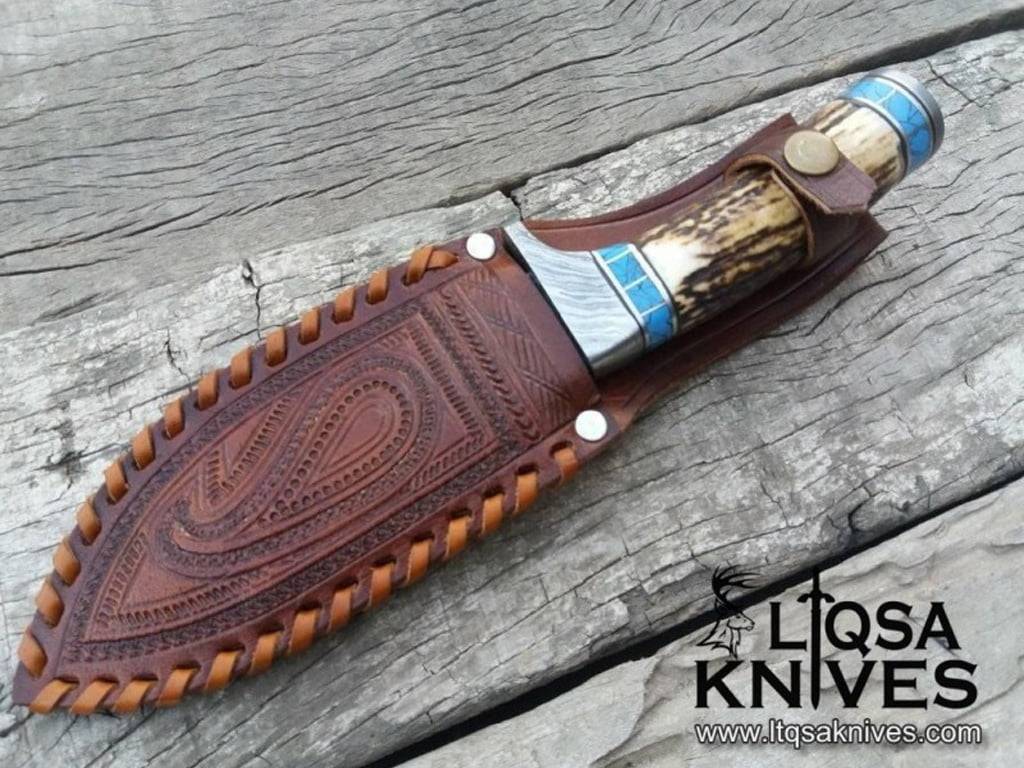 Real Damascus Knife for sale, featuring a 5.0-inch blade and a turquoise stone + antler handle.