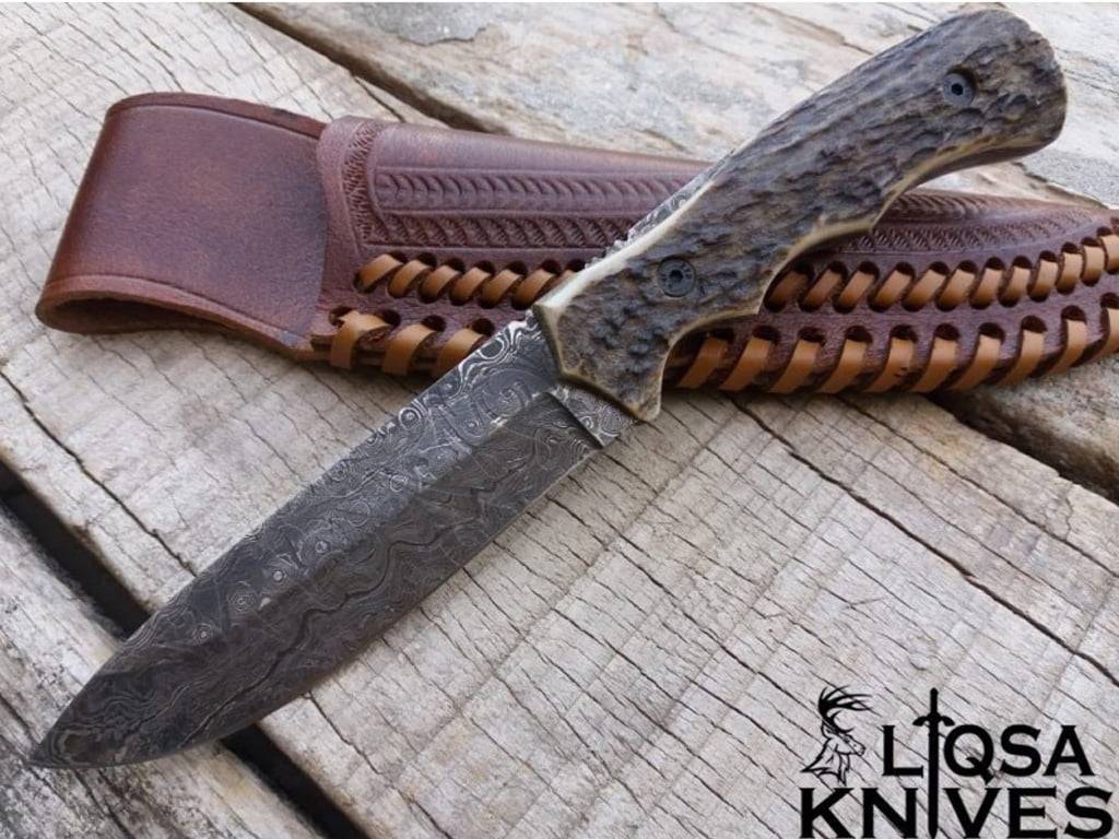 Damascus Steel Stag Antler Handle Knife With Sheath For Hunting , Camping.
