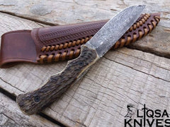 beautiful Antler Handle Knife with a raindrop Damascus steel blade resting on a natural background.