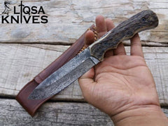 Stag Antler Handle Knife With Damascus Steel Full Tang Blade & Handmade Leather Sheath.