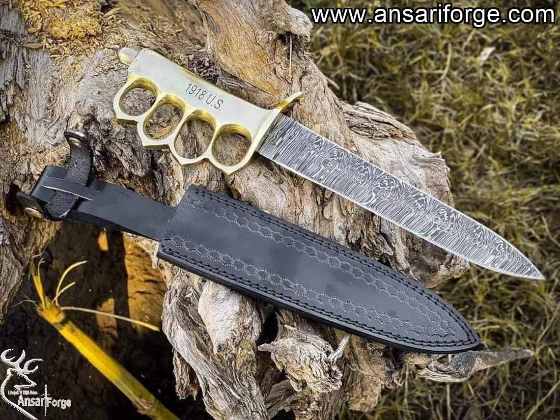 US 1918 Forged Damascus Steel Custom Made Tactical Army Knife With Leather Sheath