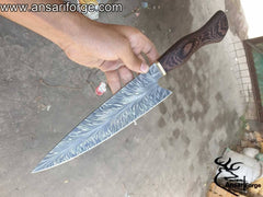 Professional Snake Feather Damascus Chef Knife With Ebony Wood handle & leather bag.