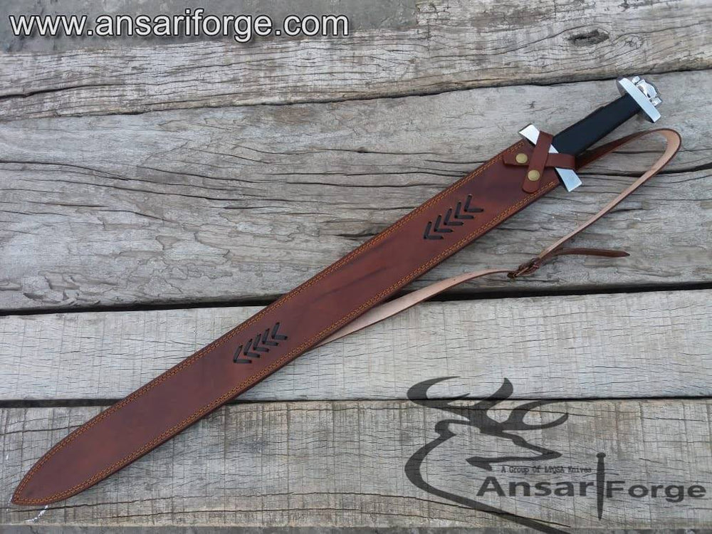 Ansari Forge handcrafted Viking sword Damascus blade in leather sheath.