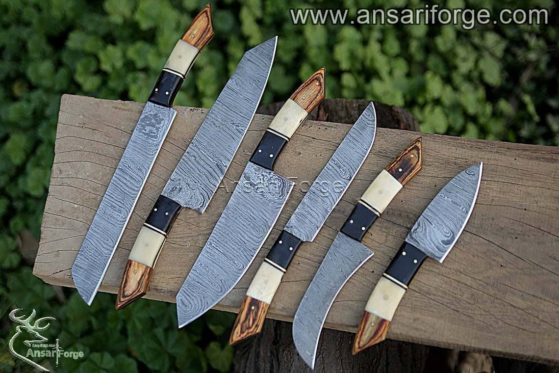 Damascus steel chef knife set of 6 kitchen knives & roll bag