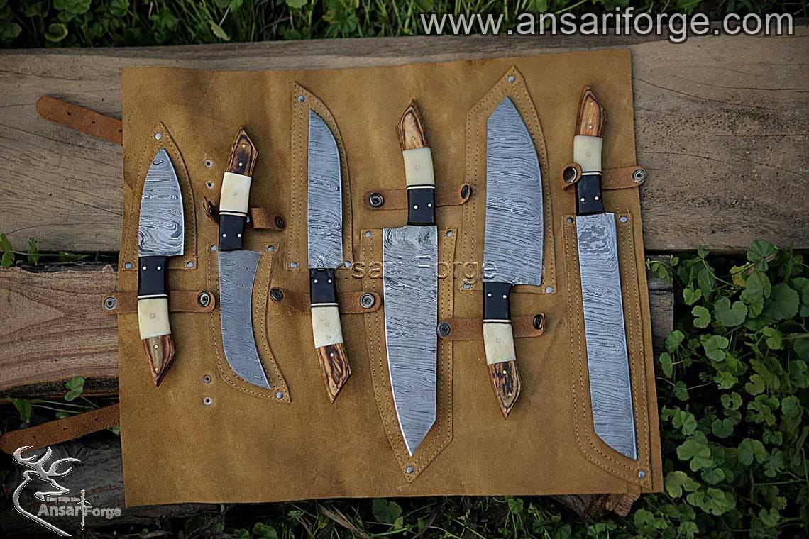 Damascus steel chef knife set of 6 kitchen knives & roll bag