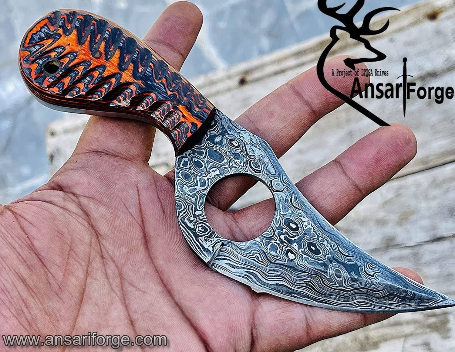 Damascus steel handmade Skinner Knife finger hole grip