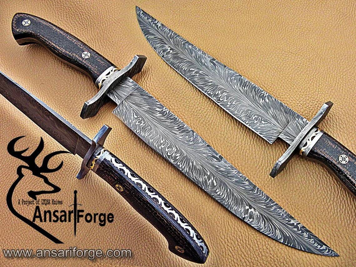 Feather Damascus handmade hunting knife, Bowie Knife with intricate blade pattern and Micarta handle