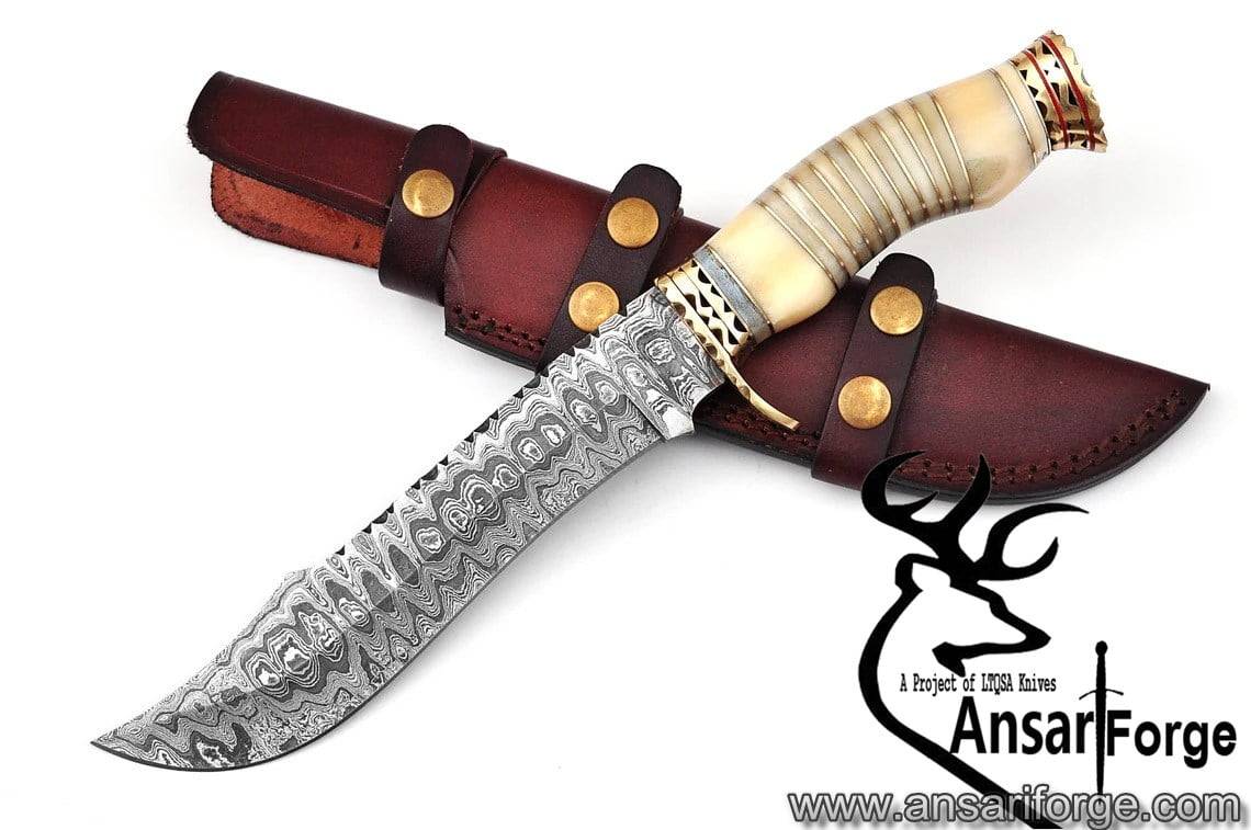 Damascus steel fancy hunting Bowie knife camel bone handle