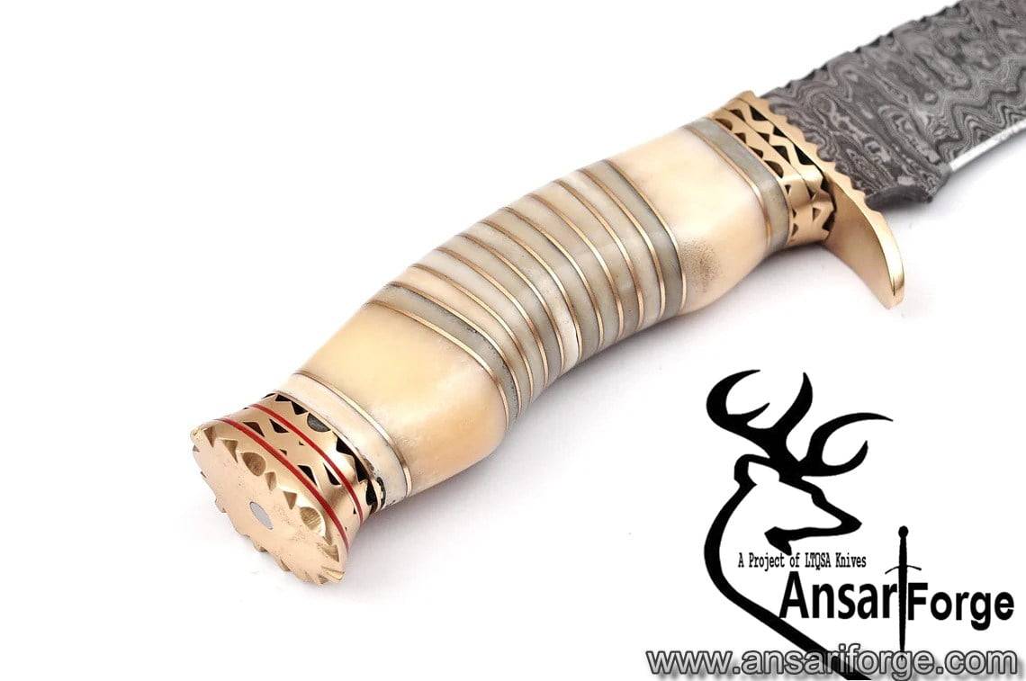 Damascus steel fancy hunting Bowie knife camel bone handle