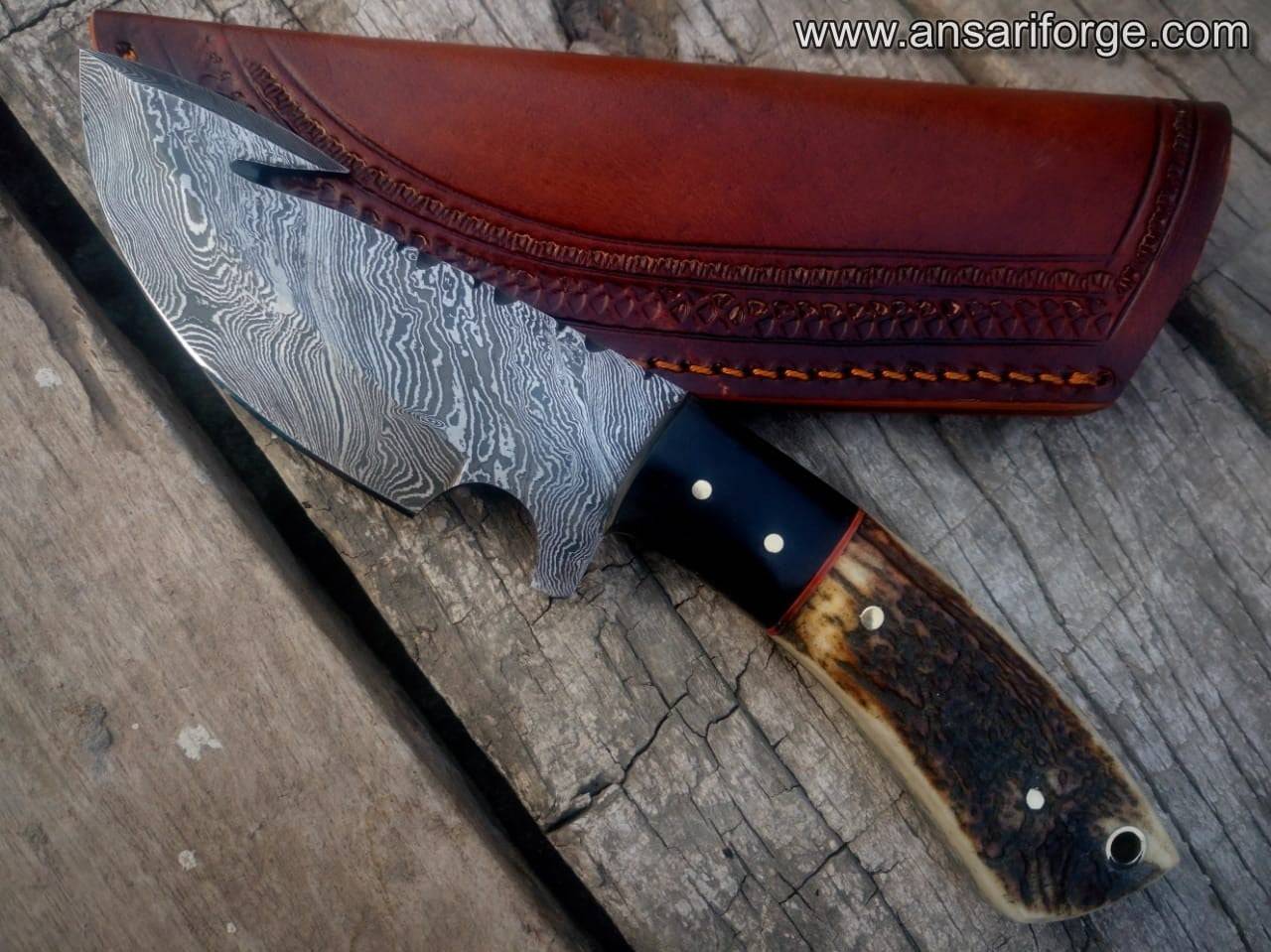 Damascus Gut Hook Knife Fixed Blade with Stag Antler Handle & Leather Sheath