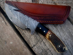 Damascus Gut Hook Knife Fixed Blade with Stag Antler Handle & Leather Sheath