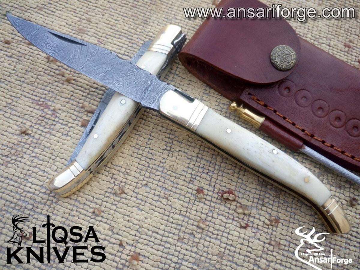 Bone Stock Laguiole Pocket Knife Damascus blade – Brass Bolsters