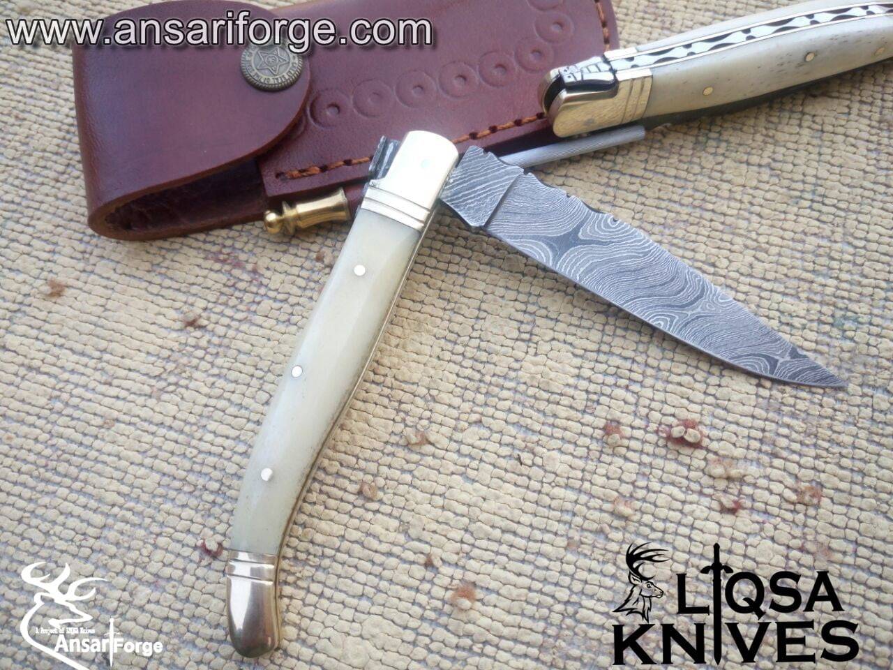 Bone Stock Laguiole Pocket Knife Damascus blade – Brass Bolsters