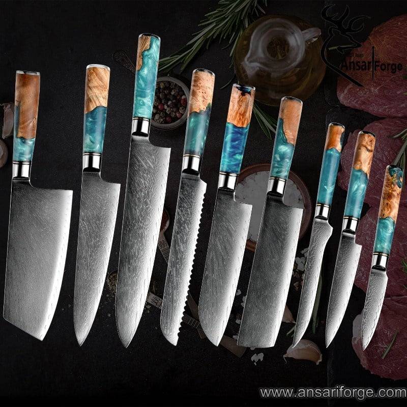 9 Pcs Damascus steel handmade Japanese kitchen knives set unique chef knife set