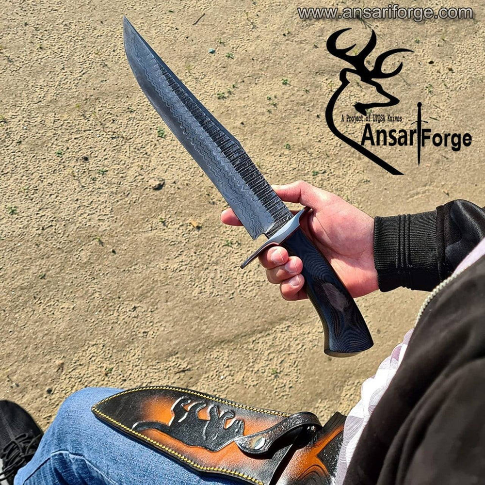 Custom Handmade Damascus Bowie Knife with sheath & G10 handle
