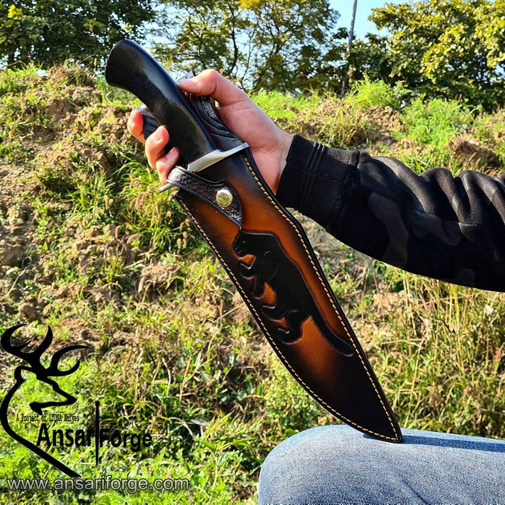 Handmade Damascus Bowie Knife With tooled leather sheath