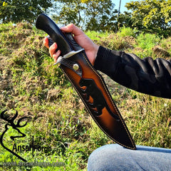 Handmade Damascus Bowie Knife With tooled leather sheath