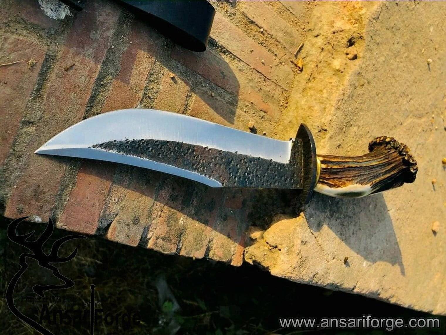 Custom Handmade Hunting Bowie Knife Stag Horn Handle With Leather Sheath.