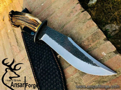 Custom Handmade Hunting Bowie Knife Stag Horn Handle With Leather Sheath.