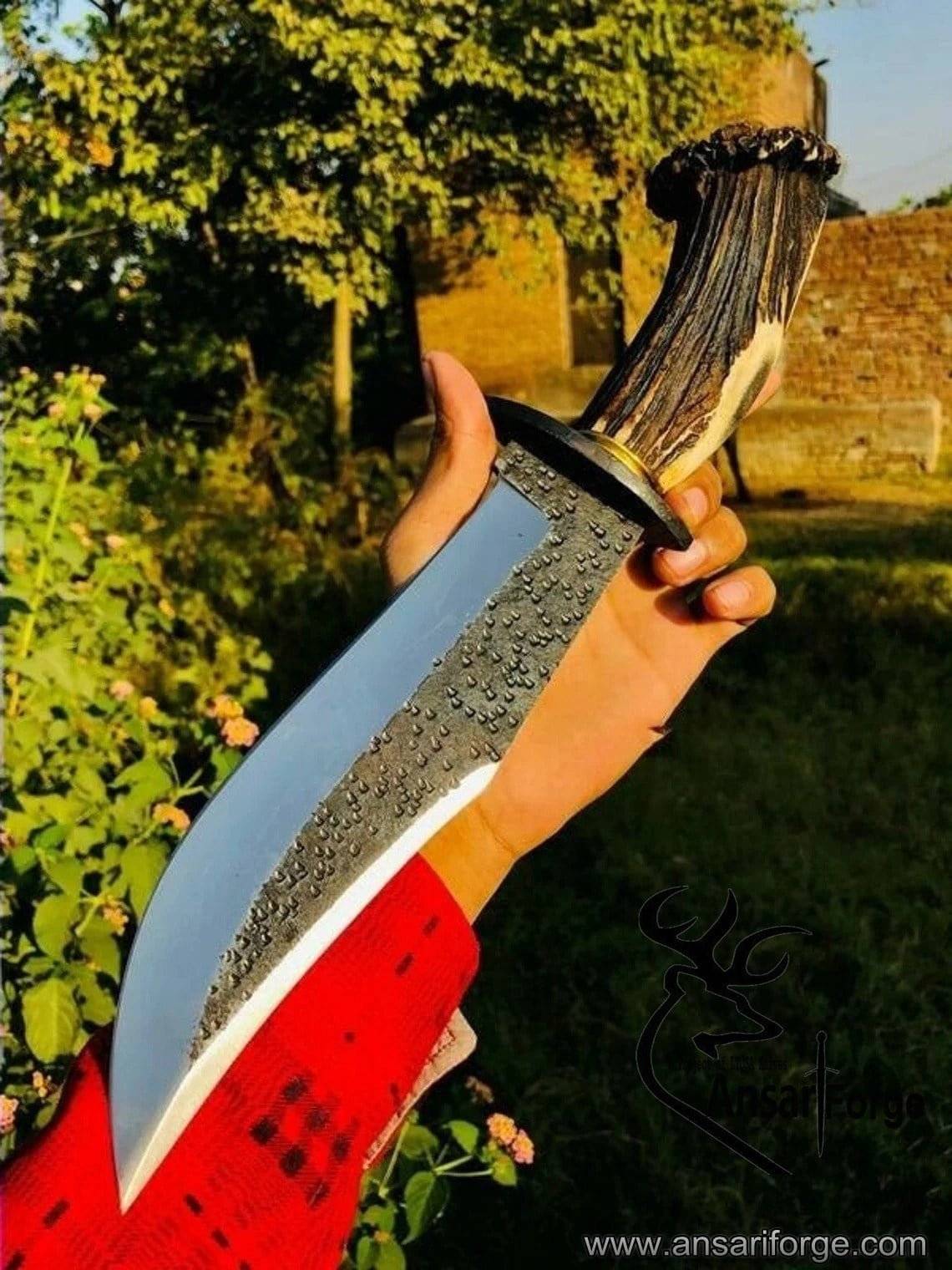 Custom Handmade Hunting Bowie Knife Stag Horn Handle With Leather Sheath.