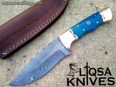 Damascus Hunting Knife 10" Fixed Blade Bone Handle & Leather Sheath