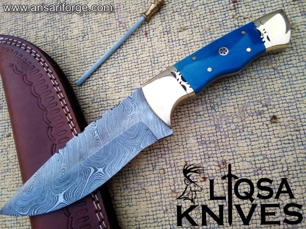 Damascus Hunting Knife 10" Fixed Blade Bone Handle & Leather Sheath