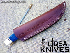 Damascus Hunting Knife 10" Fixed Blade Bone Handle & Leather Sheath