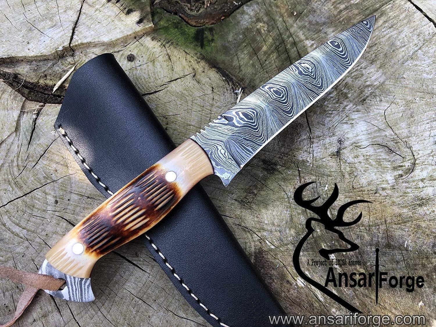 Damascus steel handmade full tang hunting knife bone handle