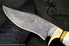 Damascus forged hunting knife stag antler handle