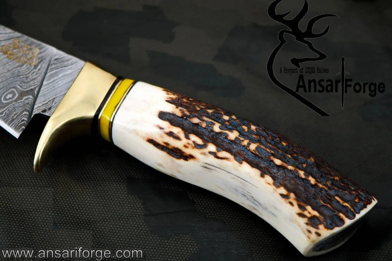 Damascus forged hunting knife stag antler handle
