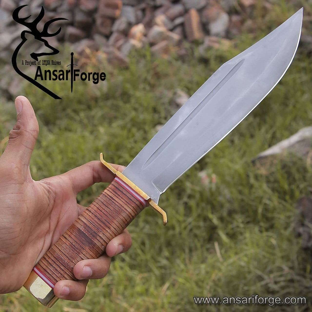 Handmade Western Bowie Knife with Leather Stacked Handle.