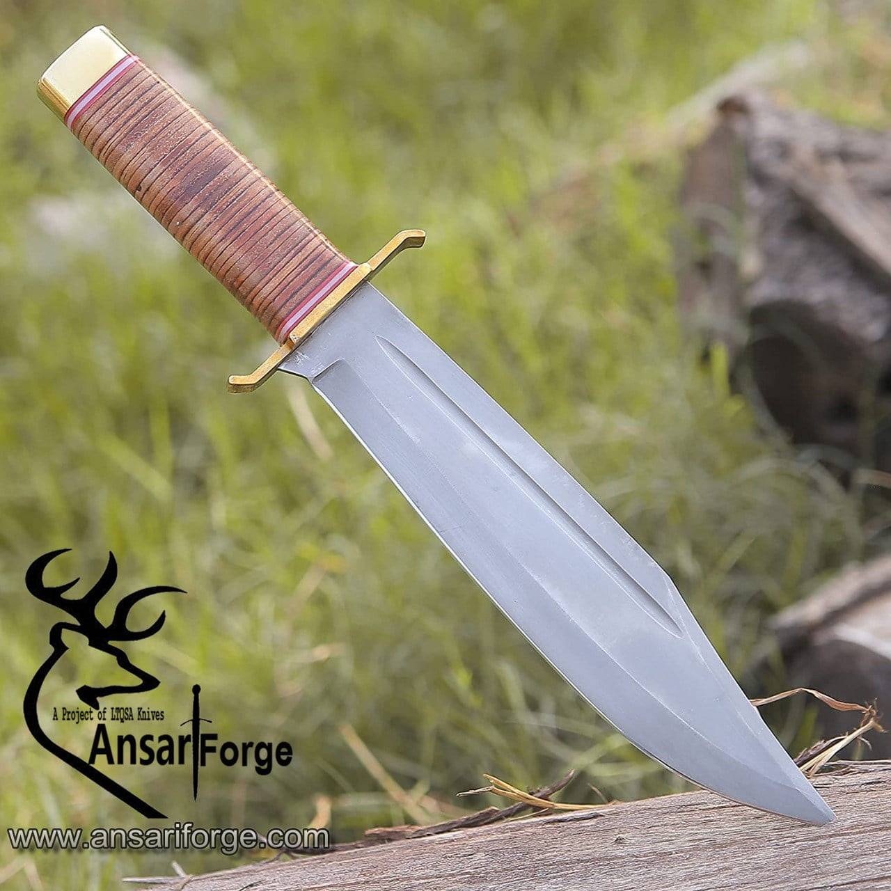 Western Bowie Knife with Leather Stacked Handle and Handmade Design.