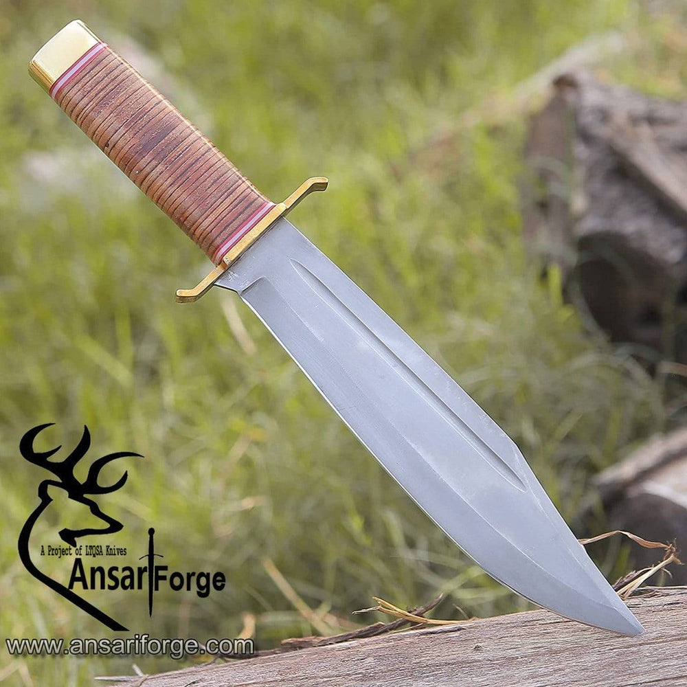 Western Bowie Knife with Leather Stacked Handle and Handmade Design.