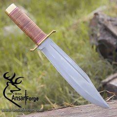 Western Bowie Knife with Leather Stacked Handle and Handmade Design.