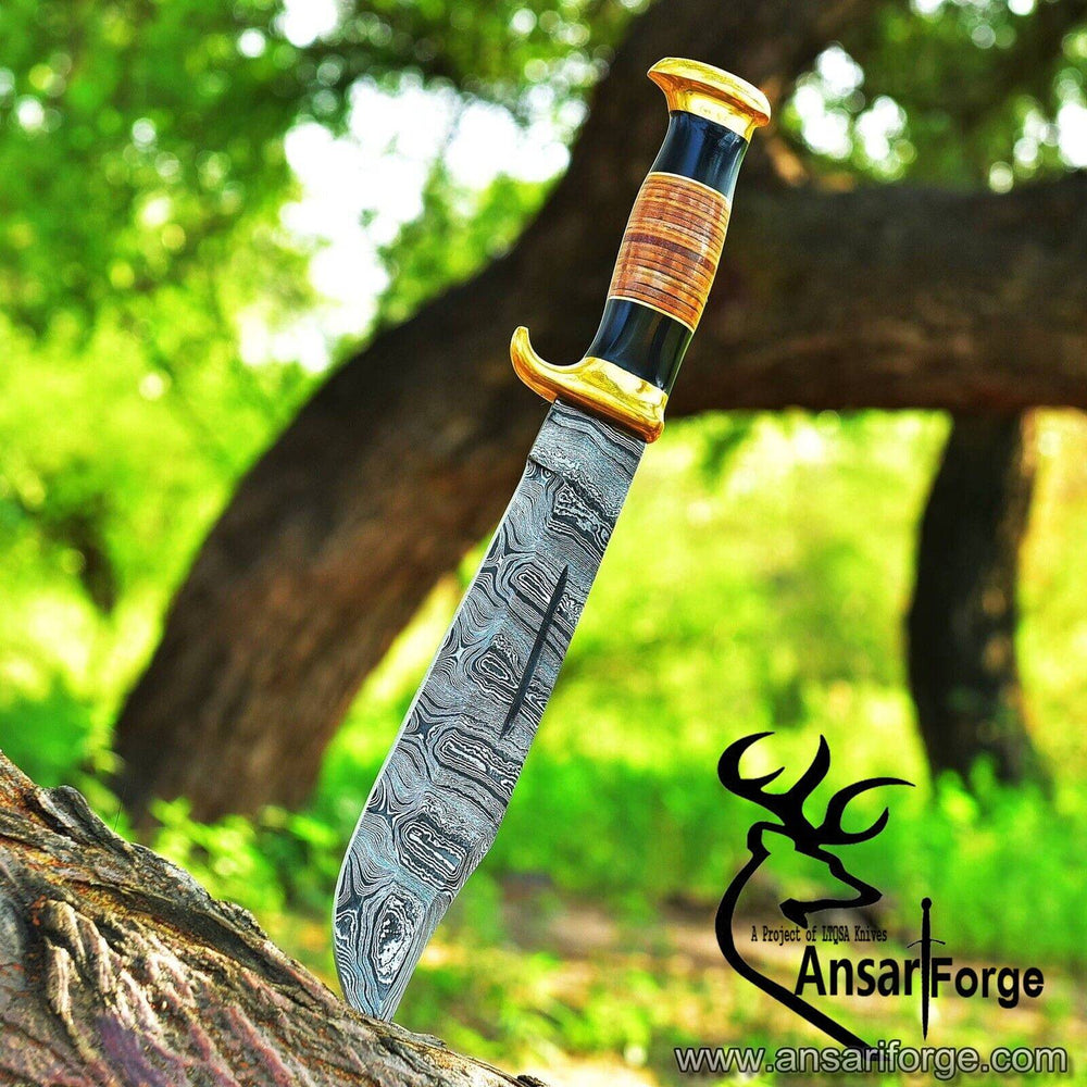 Damascus steel Crocodile Dundee Bowie knife With Leather Sheath