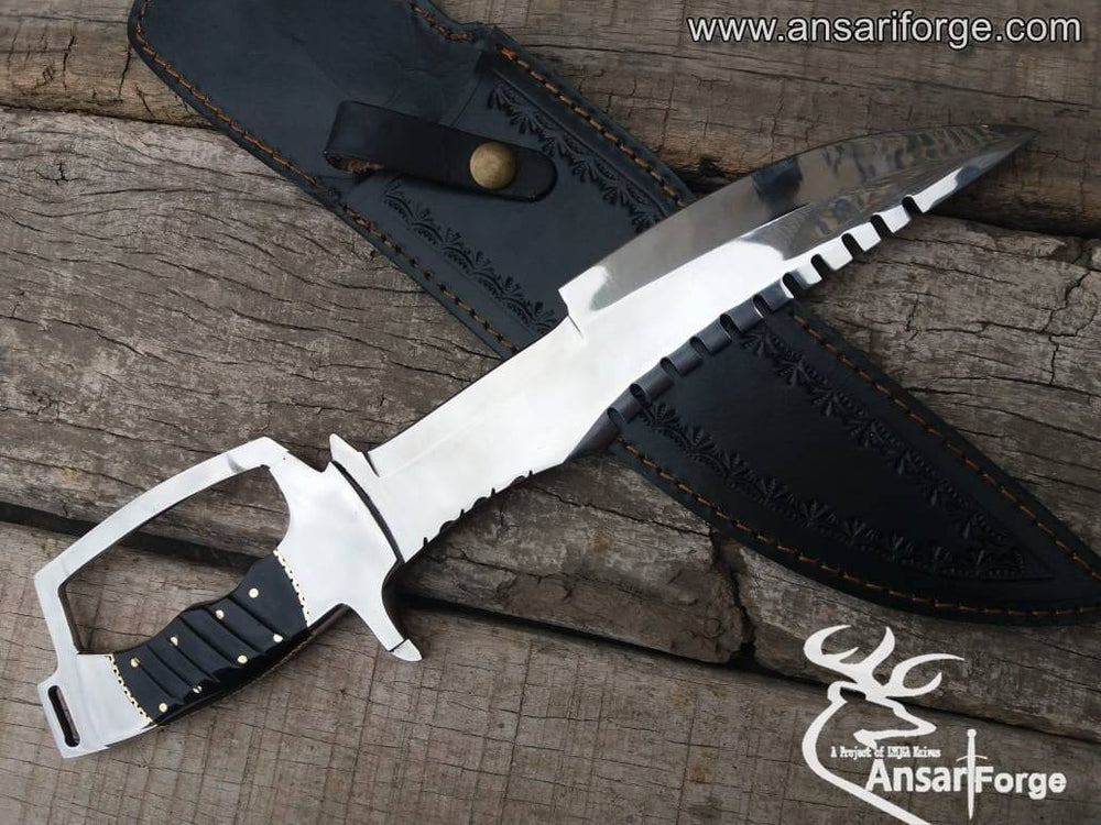 Handmade D-Guard Bowie Knife with mirror-polished D2 steel blade, buffalo horn handle, and cowhide leather sheath.